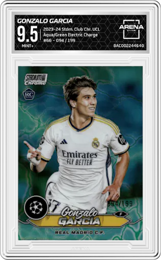 Gonzalo Garcia from the 2023-24 Stadium Club Chrome UEFA Champions League set featuring a Aqua/Green Electric Charge parallel graded by Arena Club and given an overall grade of 9.5.