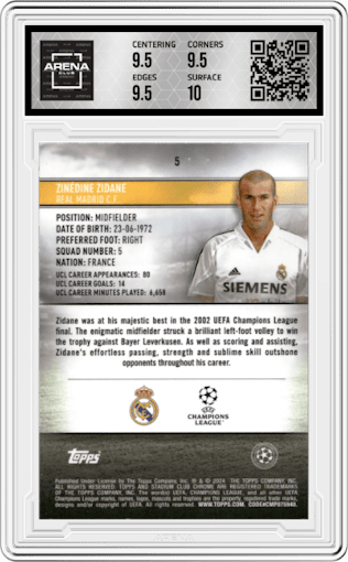 Zinedine Zidane from the 2023-24 Stadium Club Chrome UEFA Champions League set featuring a Green & Yellow Electric Charge Refractor parallel graded by Arena Club and given an overall grade of 10.