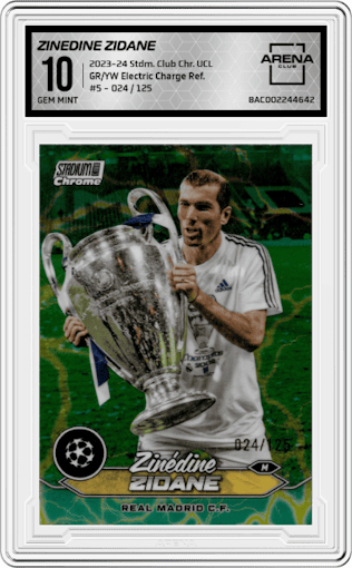 Zinedine Zidane from the 2023-24 Stadium Club Chrome UEFA Champions League set featuring a Green & Yellow Electric Charge Refractor parallel graded by Arena Club and given an overall grade of 10.