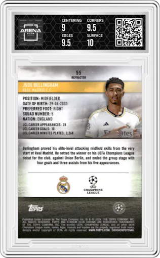 Jude Bellingham from the 2023-24 Stadium Club Chrome UEFA Champions League set featuring a Refractor parallel graded by Arena Club and given an overall grade of 9.5.
