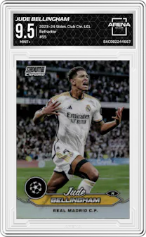 Jude Bellingham from the 2023-24 Stadium Club Chrome UEFA Champions League set featuring a Refractor parallel graded by Arena Club and given an overall grade of 9.5.