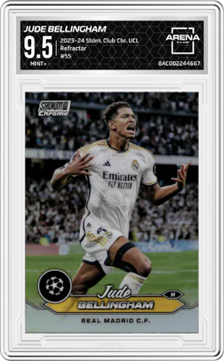 Jude Bellingham from the 2023-24 Stadium Club Chrome UEFA Champions League set featuring a Refractor parallel graded by Arena Club and given an overall grade of 9.5.
