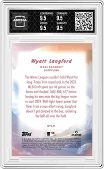 Wyatt Langford from the 2024 Topps Update set graded by Arena Club and given an overall grade of 9.5.
