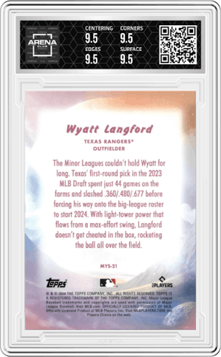 Wyatt Langford from the 2024 Topps Update set graded by Arena Club and given an overall grade of 9.5.