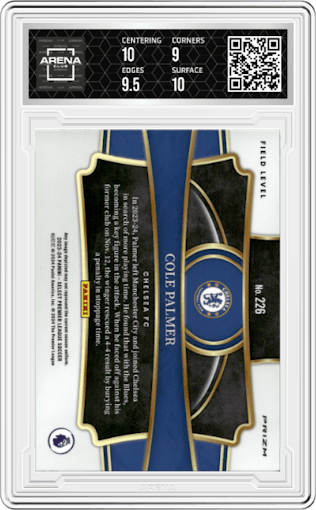 Cole Palmer from the 2023-24 Panini Select Premier League set featuring a Red Ice parallel graded by Arena Club and given an overall grade of 9.5.