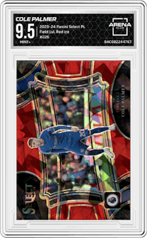 Cole Palmer from the 2023-24 Panini Select Premier League set featuring a Red Ice parallel graded by Arena Club and given an overall grade of 9.5.