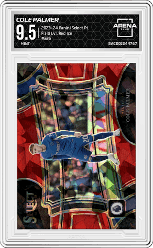 Cole Palmer from the 2023-24 Panini Select Premier League set featuring a Red Ice parallel graded by Arena Club and given an overall grade of 9.5.