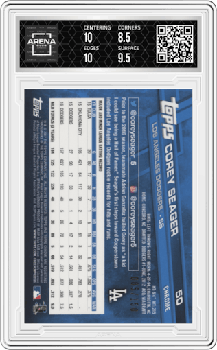 Corey Seager from the 2017 Topps Chrome set featuring a Blue Refractor parallel graded by Arena Club and given an overall grade of 9.