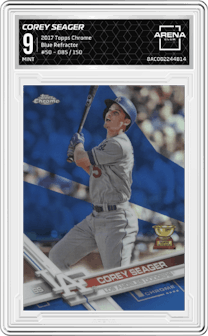 Corey Seager from the 2017 Topps Chrome set featuring a Blue Refractor parallel graded by Arena Club and given an overall grade of 9.