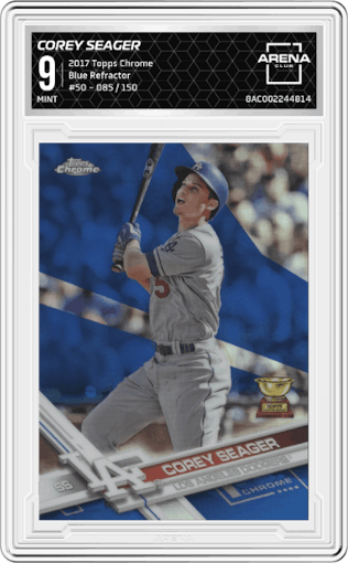 Corey Seager from the 2017 Topps Chrome set featuring a Blue Refractor parallel graded by Arena Club and given an overall grade of 9.