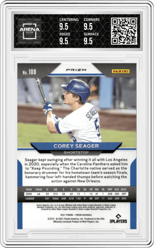Corey Seager from the 2021 Panini Prizm set featuring a White Sparkle parallel graded by Arena Club and given an overall grade of 9.5.