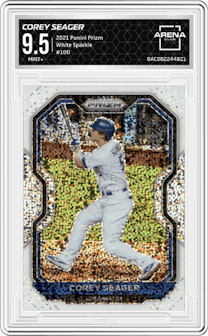 Corey Seager from the 2021 Panini Prizm set featuring a White Sparkle parallel graded by Arena Club and given an overall grade of 9.5.