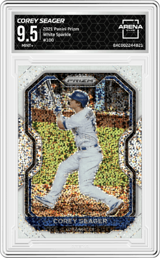 Corey Seager from the 2021 Panini Prizm set featuring a White Sparkle parallel graded by Arena Club and given an overall grade of 9.5.