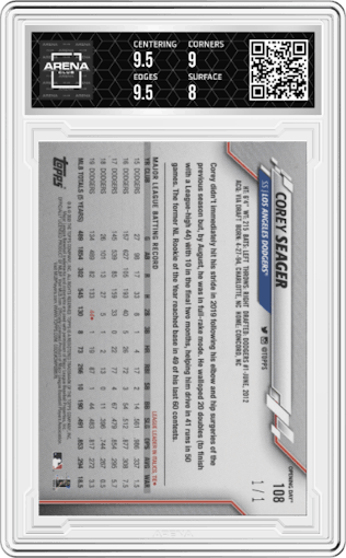 Corey Seager from the 2020 Topps Opening Day set featuring a OD Black Foil parallel graded by Arena Club and given an overall grade of 8.5.