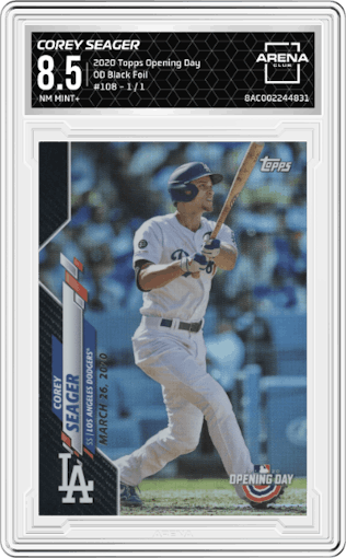 Corey Seager from the 2020 Topps Opening Day set featuring a OD Black Foil parallel graded by Arena Club and given an overall grade of 8.5.