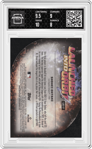 Shohei Ohtani from the 2024 Topps Cosmic Chrome set graded by Arena Club and given an overall grade of 8.5.