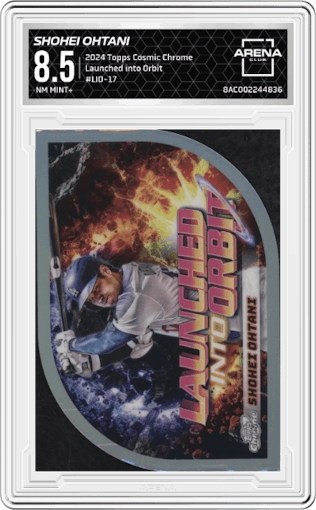 Shohei Ohtani from the 2024 Topps Cosmic Chrome set graded by Arena Club and given an overall grade of 8.5.