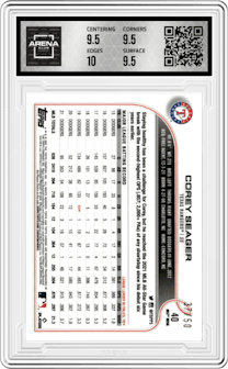 Corey Seager from the 2022 Topps Chrome Logofractor set featuring a Gold parallel graded by Arena Club and given an overall grade of 10.