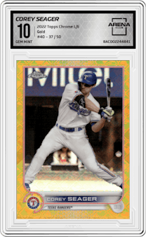 Corey Seager from the 2022 Topps Chrome Logofractor set featuring a Gold parallel graded by Arena Club and given an overall grade of 10.