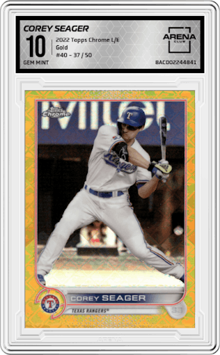 Corey Seager from the 2022 Topps Chrome Logofractor set featuring a Gold parallel graded by Arena Club and given an overall grade of 10.