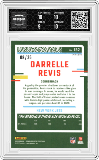 Darrelle Revis from the 2023 Donruss Optic set featuring a Bronze Mojo parallel graded by Arena Club and given an overall grade of 9.5.