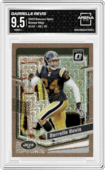 Darrelle Revis from the 2023 Donruss Optic set featuring a Bronze Mojo parallel graded by Arena Club and given an overall grade of 9.5.
