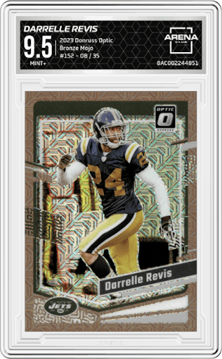 Darrelle Revis from the 2023 Donruss Optic set featuring a Bronze Mojo parallel graded by Arena Club and given an overall grade of 9.5.