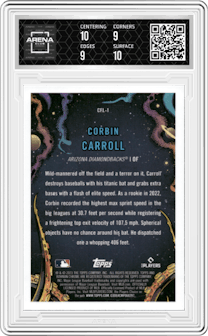 Corbin Carroll from the 2023 Bowman Chrome set graded by Arena Club and given an overall grade of 9.5.