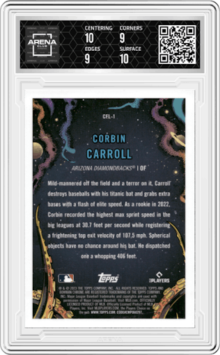 Corbin Carroll from the 2023 Bowman Chrome set graded by Arena Club and given an overall grade of 9.5.