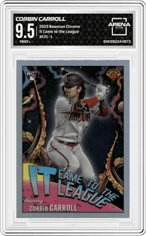 Corbin Carroll from the 2023 Bowman Chrome set graded by Arena Club and given an overall grade of 9.5.