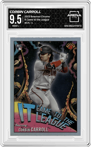 Corbin Carroll from the 2023 Bowman Chrome set graded by Arena Club and given an overall grade of 9.5.