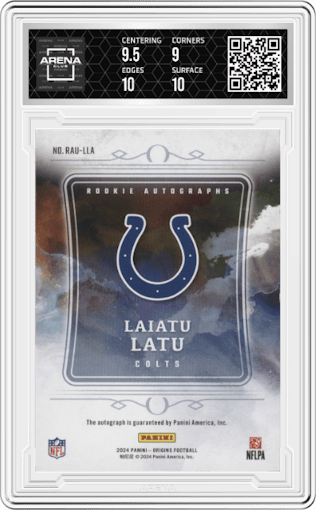 Laiatu Latu from the 2024 Panini Origins set featuring a Red parallel graded by Arena Club and given an overall grade of 9.5.