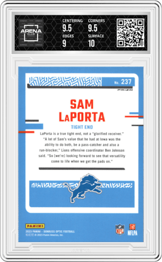 Sam LaPorta from the 2023 Donruss Optic set featuring a  Purple Shock parallel graded by Arena Club and given an overall grade of 9.5.