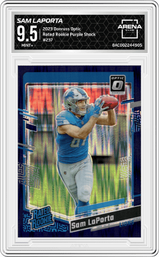 Sam LaPorta from the 2023 Donruss Optic set featuring a  Purple Shock parallel graded by Arena Club and given an overall grade of 9.5.