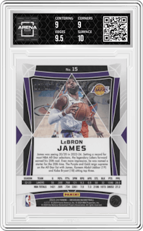 LeBron James from the 2023-24 Panini Obsidian set featuring a Electric Etch Gold Flood parallel graded by Arena Club and given an overall grade of 9.5.