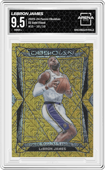 LeBron James from the 2023-24 Panini Obsidian set featuring a Electric Etch Gold Flood parallel graded by Arena Club and given an overall grade of 9.5.