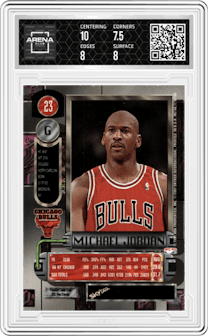 Michael Jordan from the 1997-98 Metal Universe set graded by Arena Club and given an overall grade of 8.