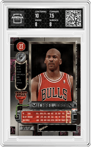 Michael Jordan from the 1997-98 Metal Universe set graded by Arena Club and given an overall grade of 8.