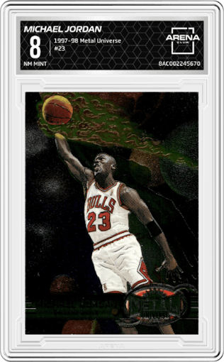 Michael Jordan from the 1997-98 Metal Universe set graded by Arena Club and given an overall grade of 8.