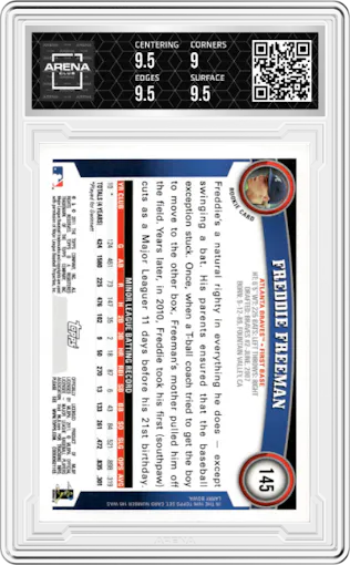 Freddie Freeman from the 2011 Topps set graded by Arena Club and given an overall grade of 9.5.