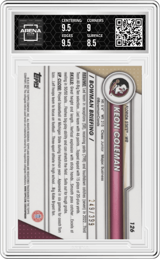 Keon Coleman from the 2023 Bowman Chrome University set featuring a Purple Refractor parallel graded by Arena Club and given an overall grade of 9.
