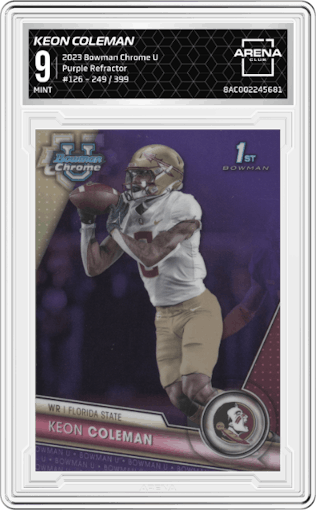 Keon Coleman from the 2023 Bowman Chrome University set featuring a Purple Refractor parallel graded by Arena Club and given an overall grade of 9.