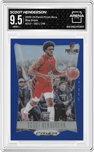 Scoot Henderson from the 2023-24 Panini Prizm Deca set featuring a Blue Prizm parallel graded by Arena Club and given an overall grade of 9.5.
