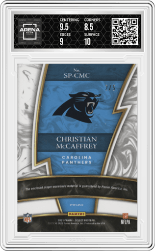 Christian McCaffrey from the 2021 Panini Select set featuring a Green Prizm parallel graded by Arena Club and given an overall grade of 9.