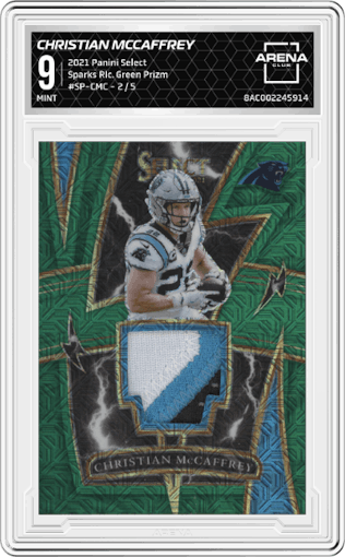 Christian McCaffrey from the 2021 Panini Select set featuring a Green Prizm parallel graded by Arena Club and given an overall grade of 9.