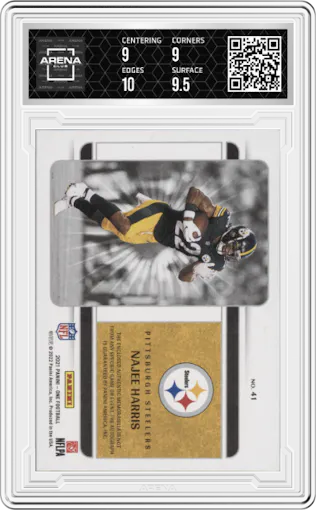 Najee Harris from the 2021 Panini One set featuring a Blue parallel graded by Arena Club and given an overall grade of 9.5.