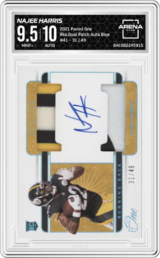 Najee Harris from the 2021 Panini One set featuring a Blue parallel graded by Arena Club and given an overall grade of 9.5.