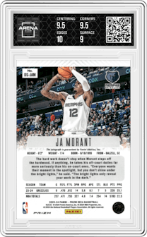 Ja Morant from the 2023-24 Panini Prizm Deca set featuring a Blue parallel graded by Arena Club and given an overall grade of 9.5.