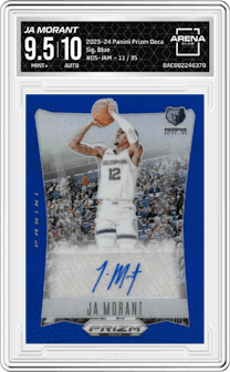 Ja Morant from the 2023-24 Panini Prizm Deca set featuring a Blue parallel graded by Arena Club and given an overall grade of 9.5.