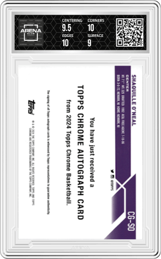 Shaquille O'Neal from the 2023-24 Topps Chrome Sapphire set featuring a Gold Sapphire parallel graded by Arena Club and given an overall grade of 9.5.
